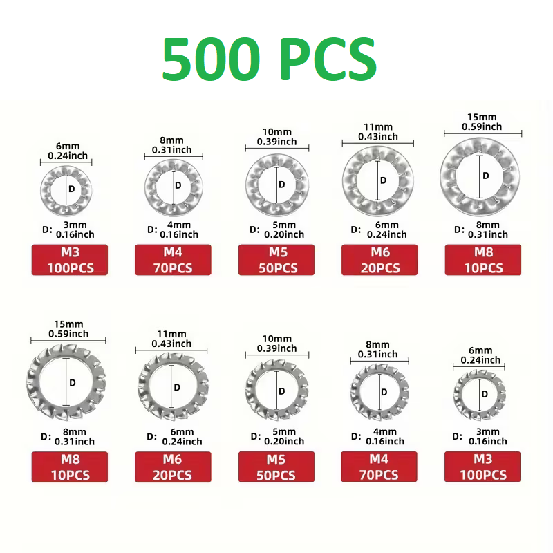 500pc Stainless Steel Star Lock Washer Assortment Set M3–M8 – Internal & External