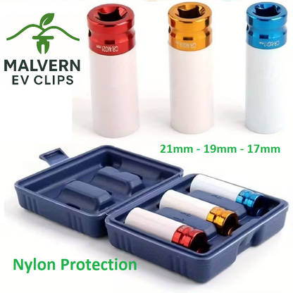 3-Piece Alloy Wheel Nut Socket Set – 17mm / 19mm / 21mm Thin Wall (1/2" Drive)