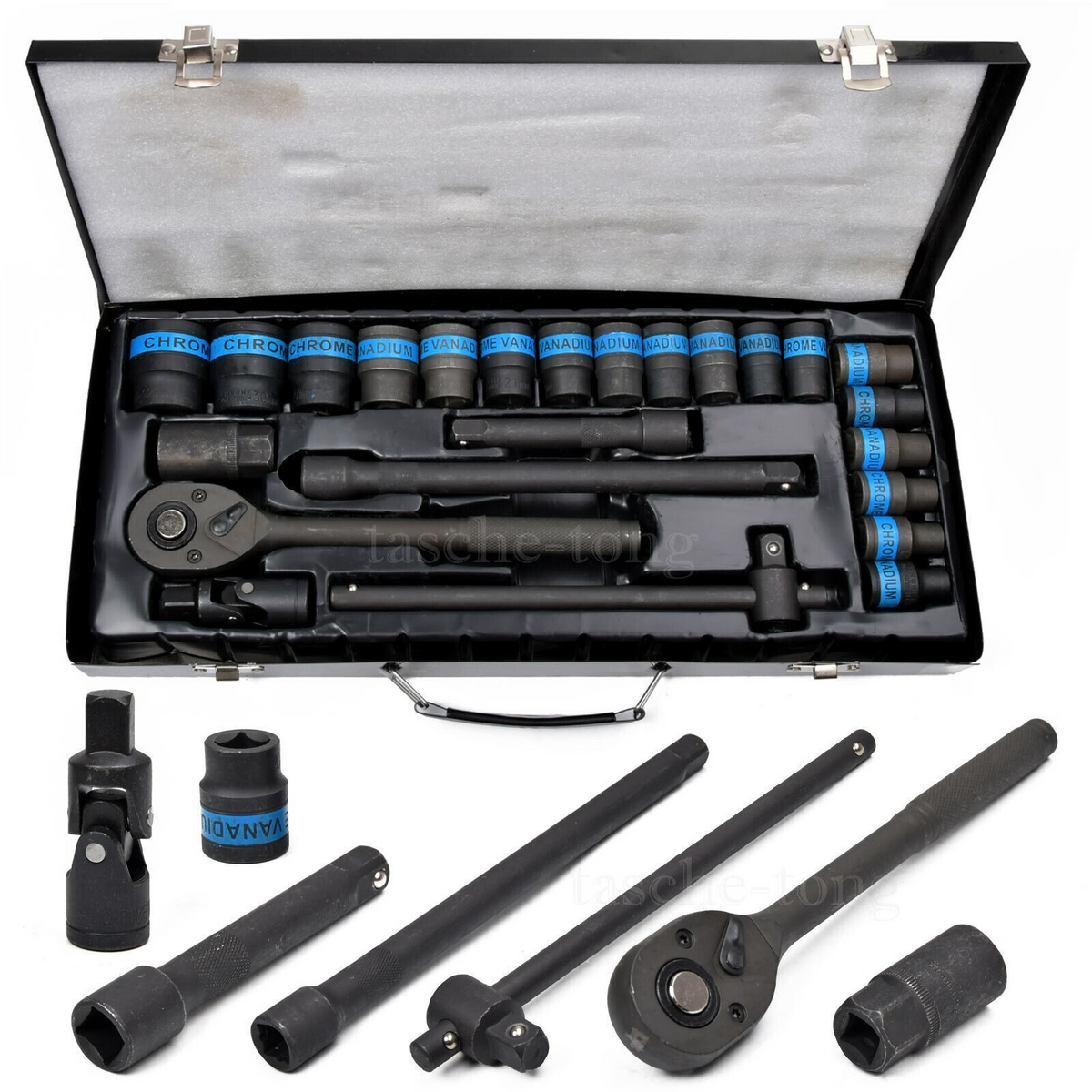 1/2 INCH DRIVE METRIC BLACK SOCKETS RATCHET WRENCH Set Metal Carry Case Box 24pc