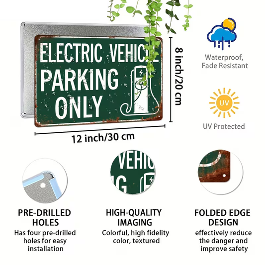 Electric Vehicle Parking Only Metal Sign Vintage/Distressed/Patina Style